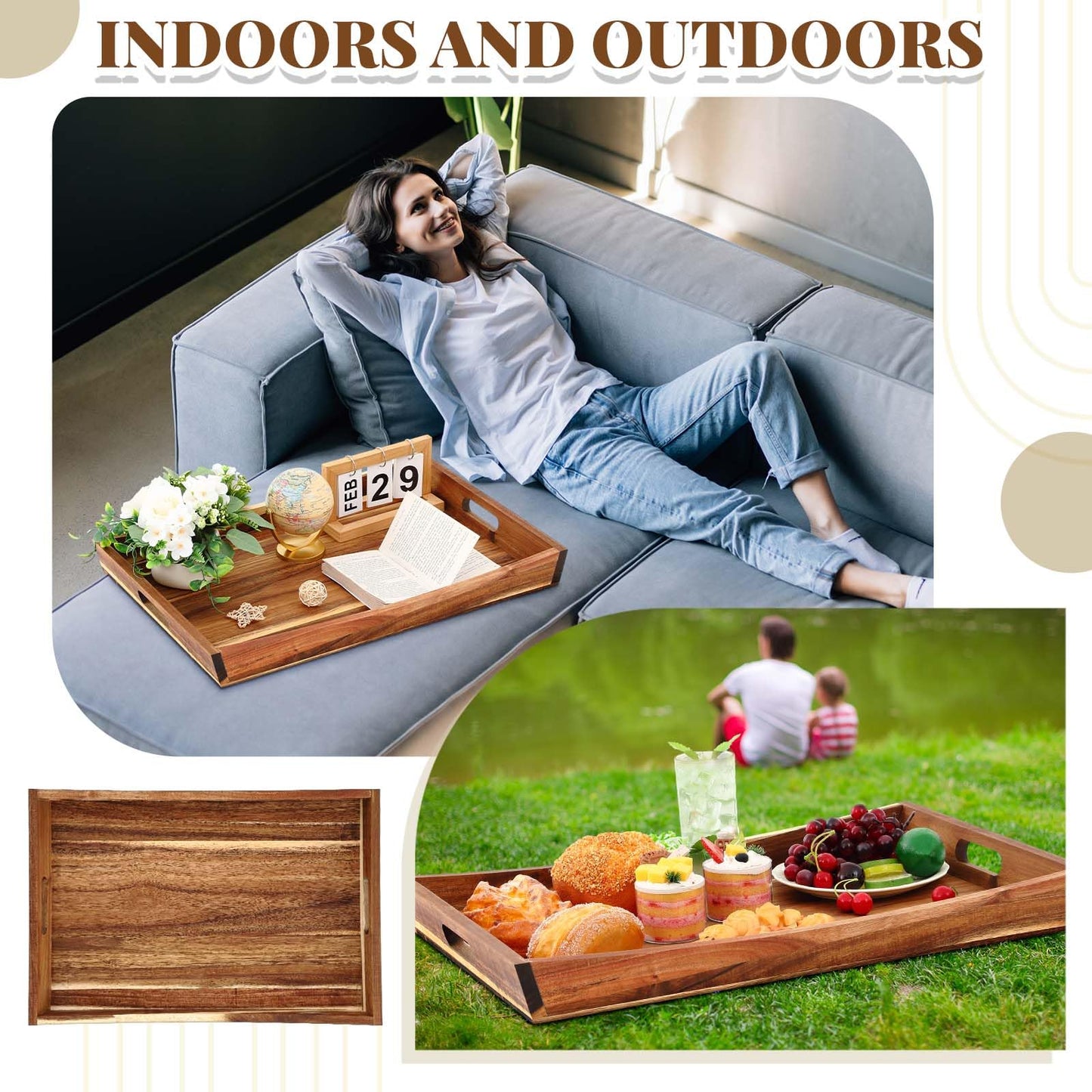 Teenyyou 24 x 16 Inches Large Ottoman Tray Wood Curved Serving Tray with Handles Rectangle Curved Classic Wooden Decorative Serving Platters for Tea Kitchen Food Beverage Fruit Snack