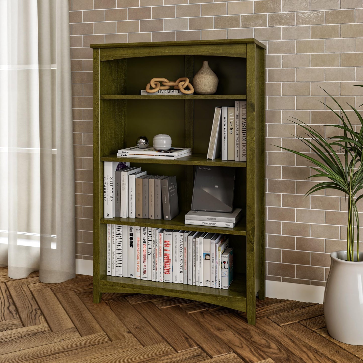 Camaflexi Shaker Style 4 Shelf Bookcase/Solid Wood / 48" High/Adjustable Shelving/Closed Back/Display Bookshelf for Living Room, Bedroom, Home and Office, Olive Grove Green