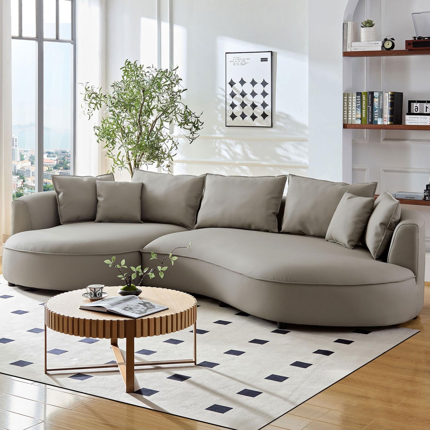 BBTJOINT L Shape Curved Sectional for Living Room, Bonded Leather Upholstered Furniture Sofa, Round Couch with semicircualr Chaise,Light Grey