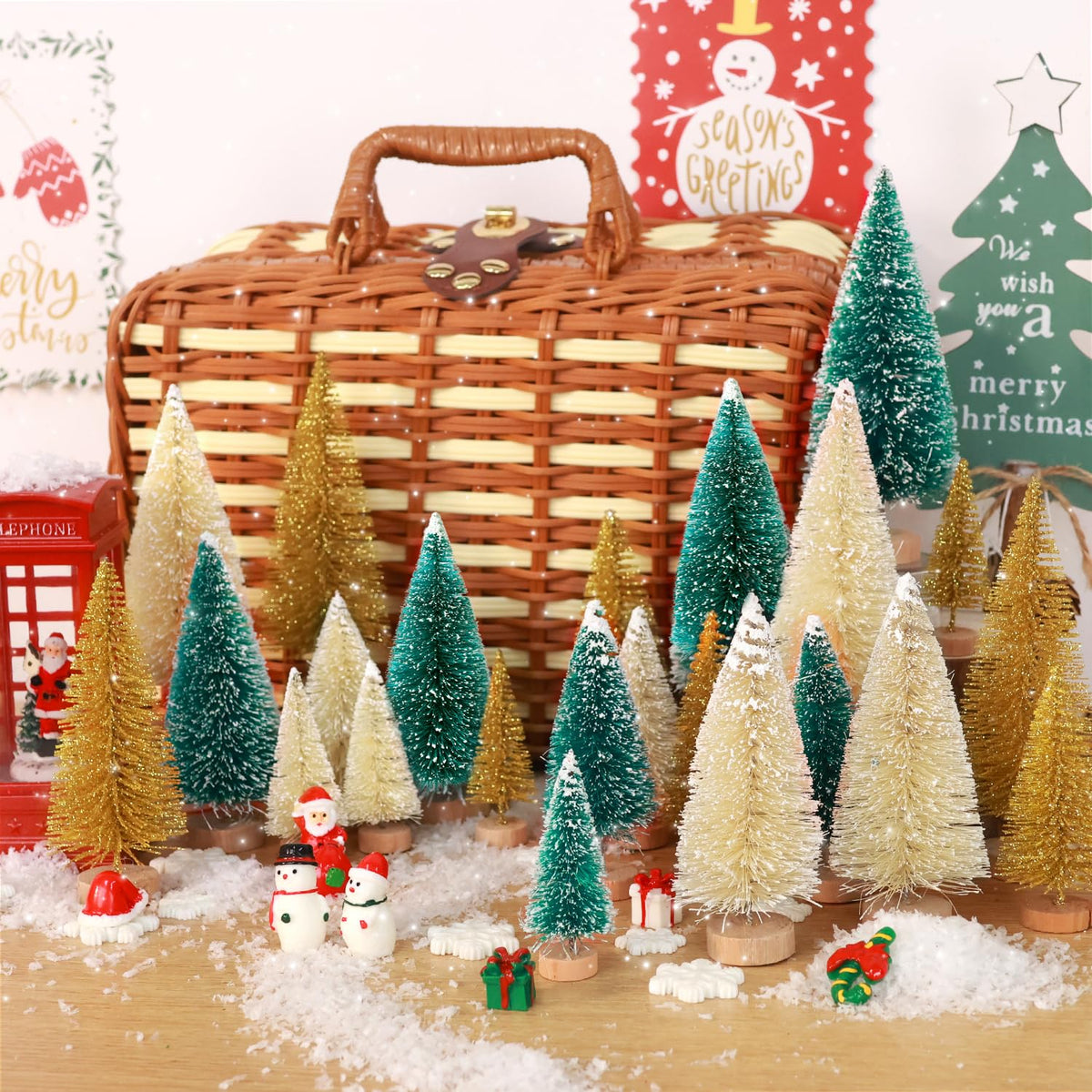 30Pcs Mini Christmas Trees, Artificial Christmas Tree Bottle Brush Trees Christmas with 5 Sizes, Sisal Snow Trees with Wooden Base for Christmas Decor Christmas Party Home Table Craft