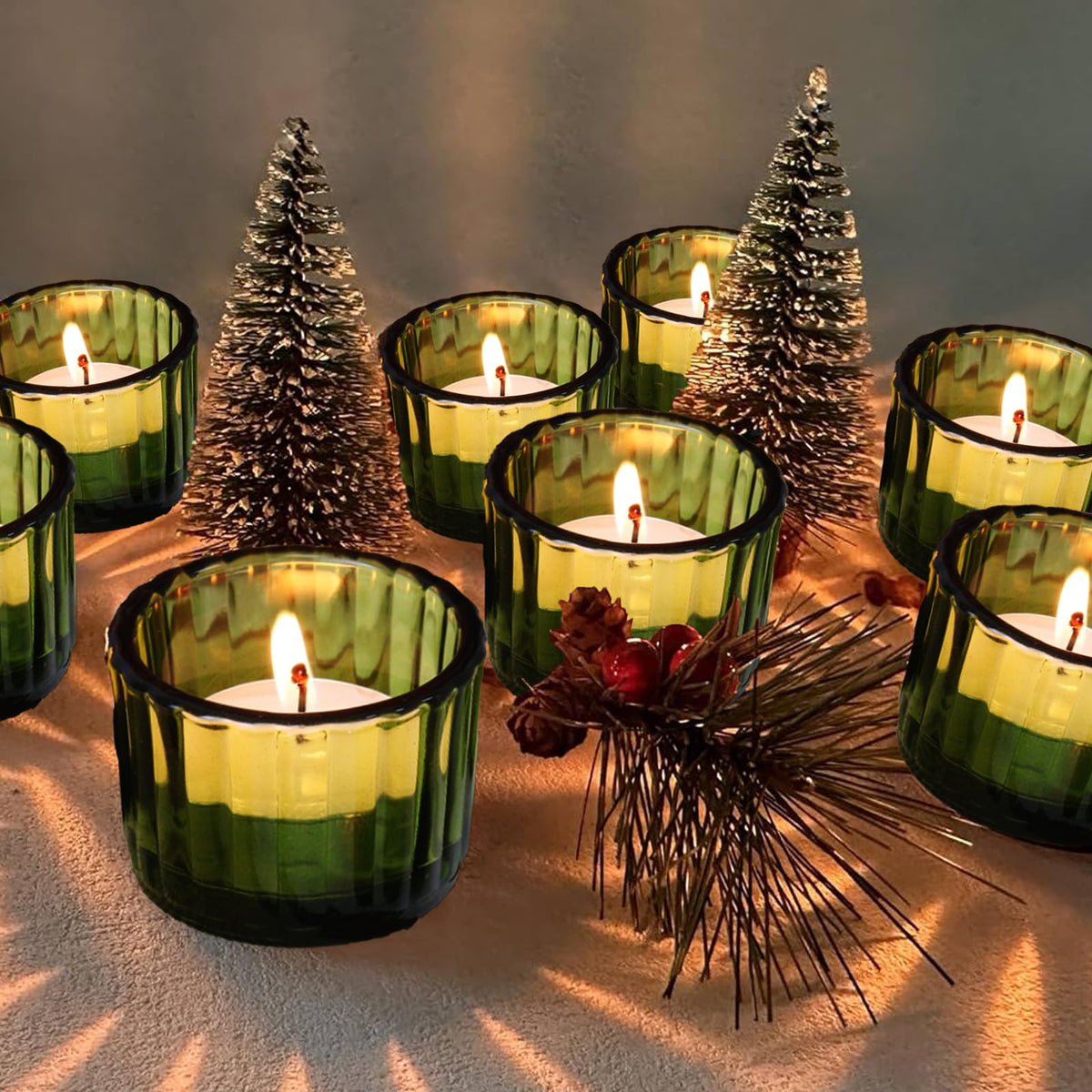 Filltown Green Tea Light Candle Holders Set of 12, 5cm x 3.5cm Glass Tea Light Holders for Table Centerpiece, Mini Votive Candle Holders for Weddings, Birthday Parties, Home Decor, Table Decor