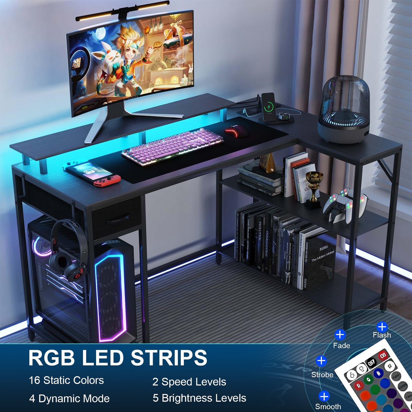 Eivanet L Shaped Gaming Desk with Power Outlet & Led Light, 47 inch Reversible Computer Desk with Shelves, Hooks, and Drawer, Cornor Home Office Desk Table for Living Room, Bedroom, Black