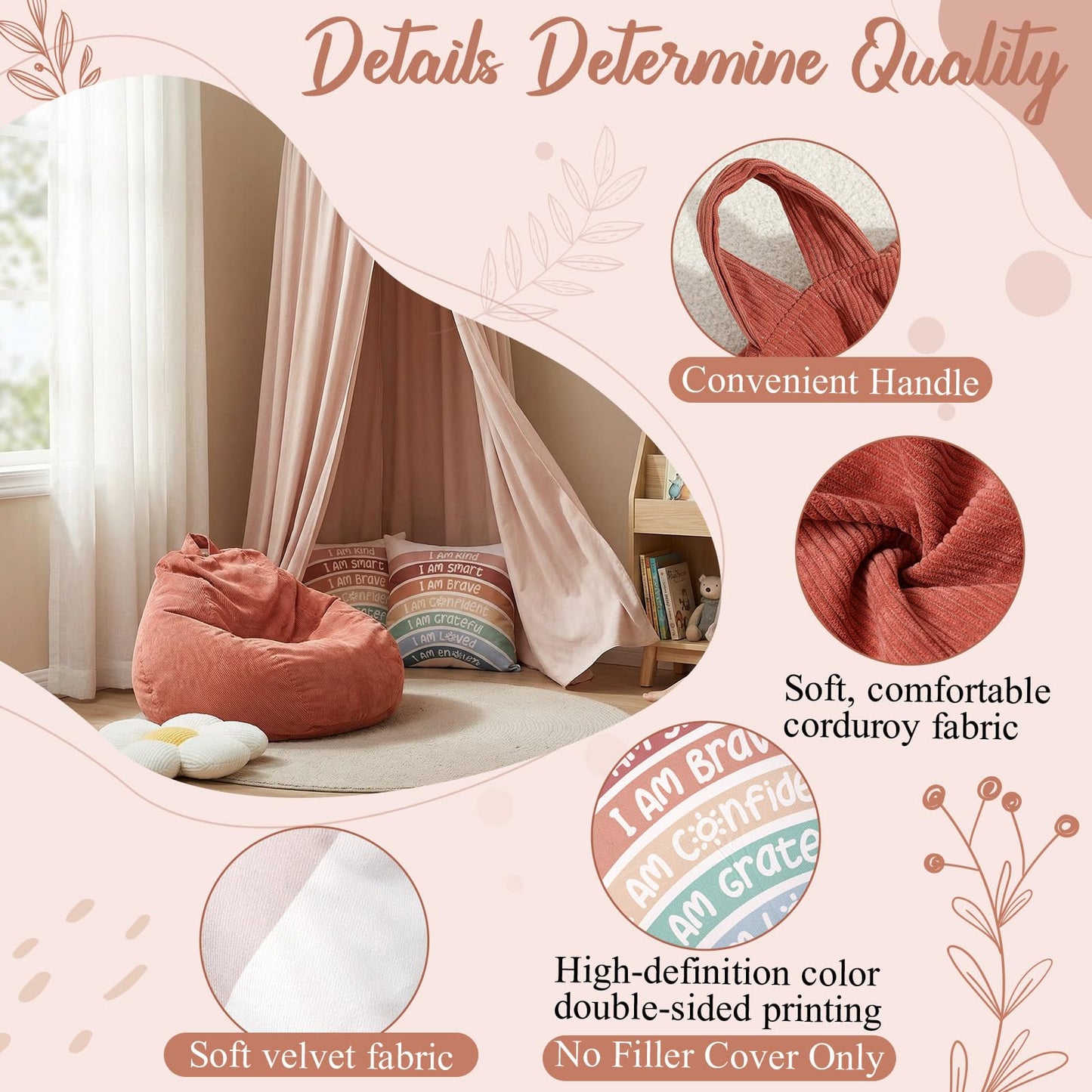 Hillsuren 5 Pcs Kids Reading Corner Set Reading Nook Bean Bag Chair Cover with Canopy Tent, Throw Pillow Cover (No Filler) and Flower Pillow for Bedroom Playroom Nursery Corner Decoration(Beige)