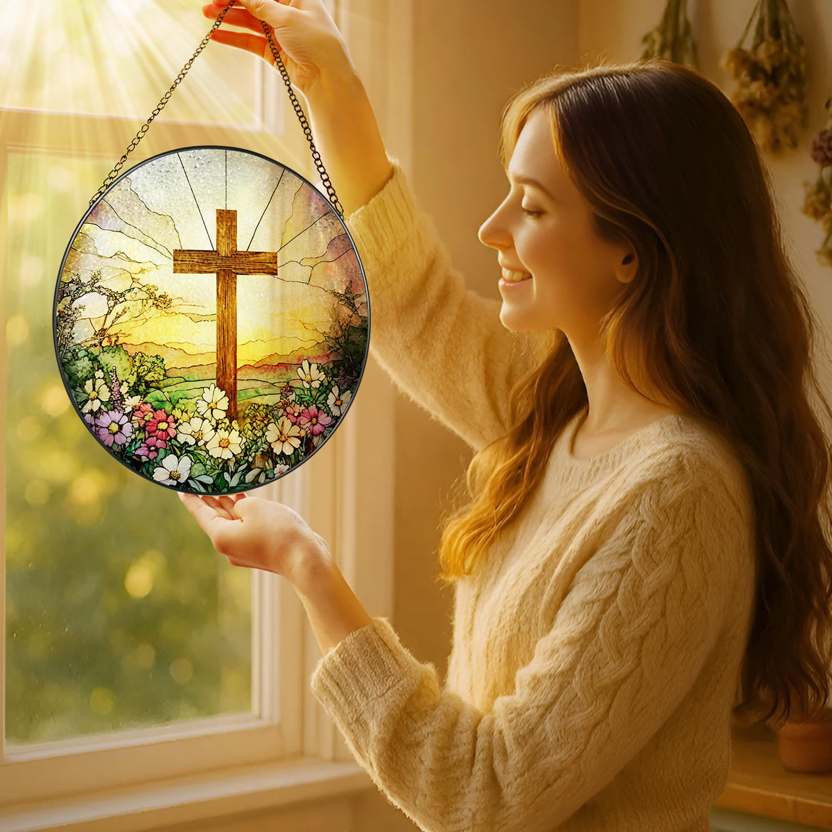 8 Inch Stained Glass Cross and Wildflowers Suncatcher Christian Stained Glass Windows Hanging Flower Cross Gift for Religious Easter Faith Christian Gifts Religious Home Decor