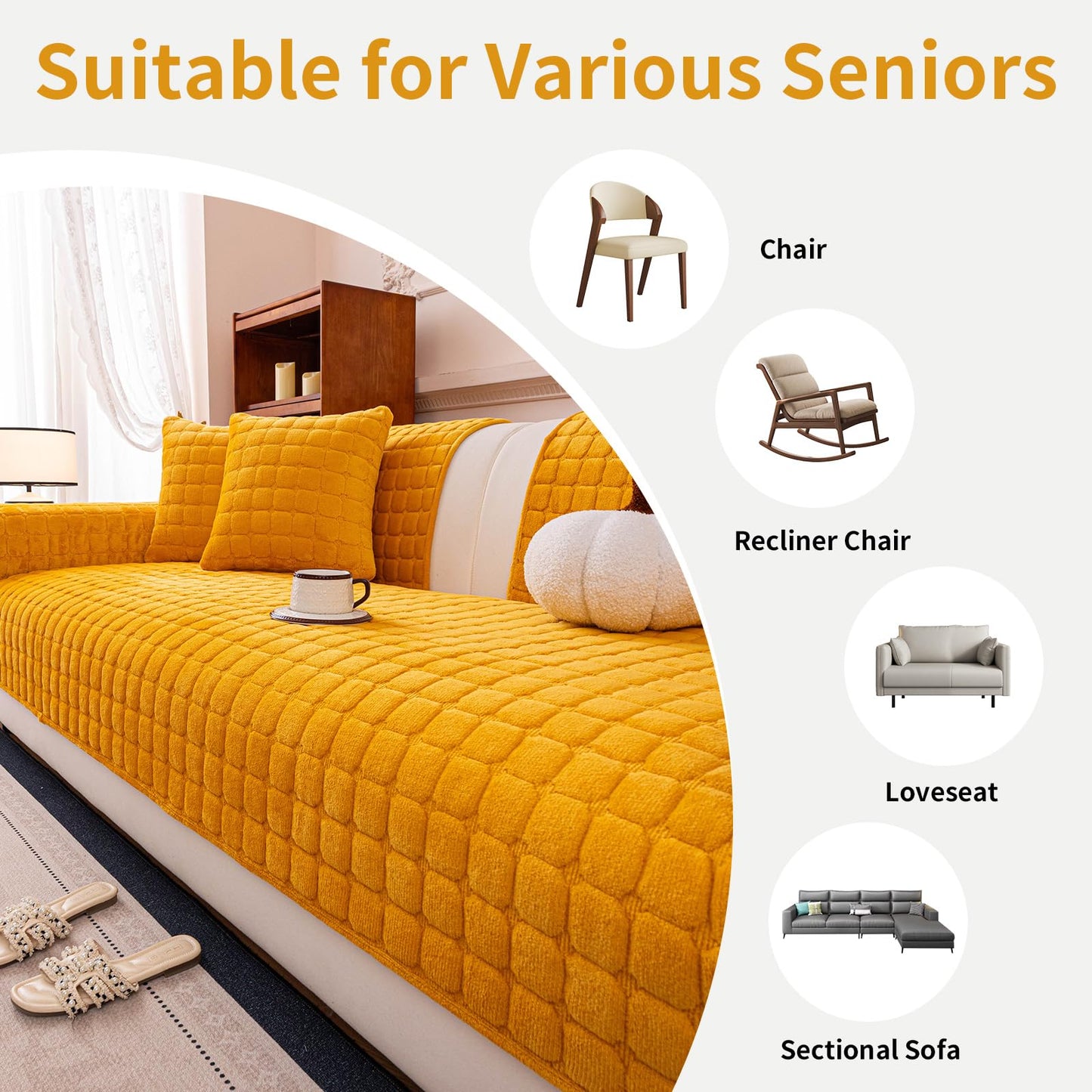 MDSASFD Velvet Couch Cover, Plush Sectional Sofa Cover Washable, Anti Slip Sofa Slipcover for Armrest & Backrest, Furniture Protector Covers for Pets & Kids(1PC,Mustard Yellow,36"×36")