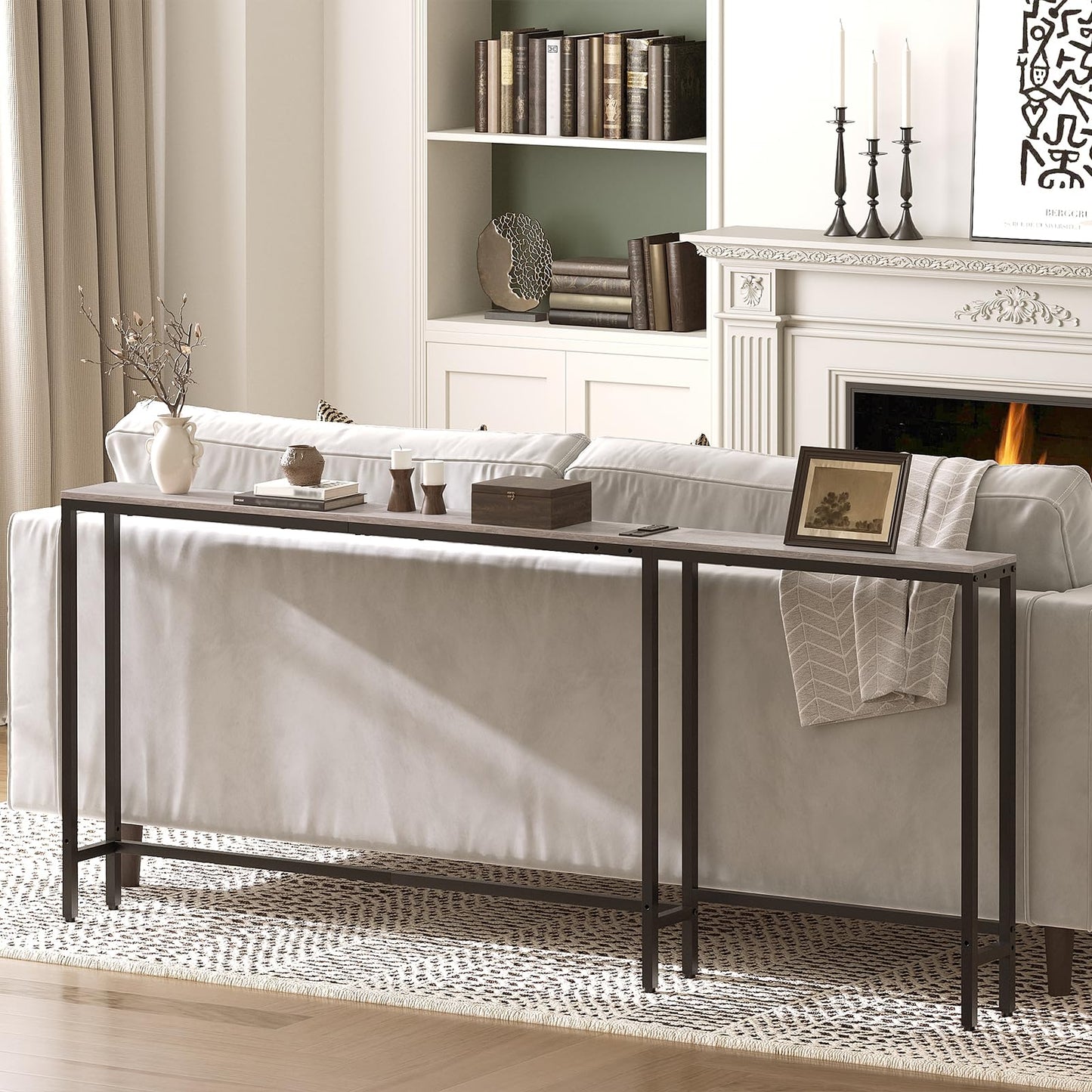 YATINEY Narrow Console Table with Outlets, 70.9" Sofa Table Narrow Long, L Shaped Behind Couch Entryway Table with Charging Station, for Living Room, Hallway, 3 Assembly Options, Greige CT07UBG