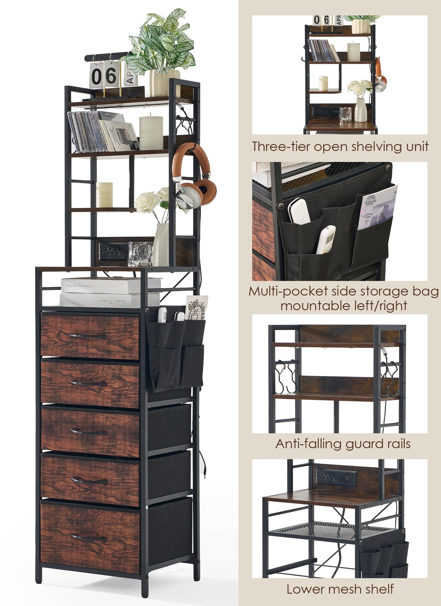 Baoz 57" Tall Nightstand Set of 2 with Charing Station & 5 Drawers, Brown