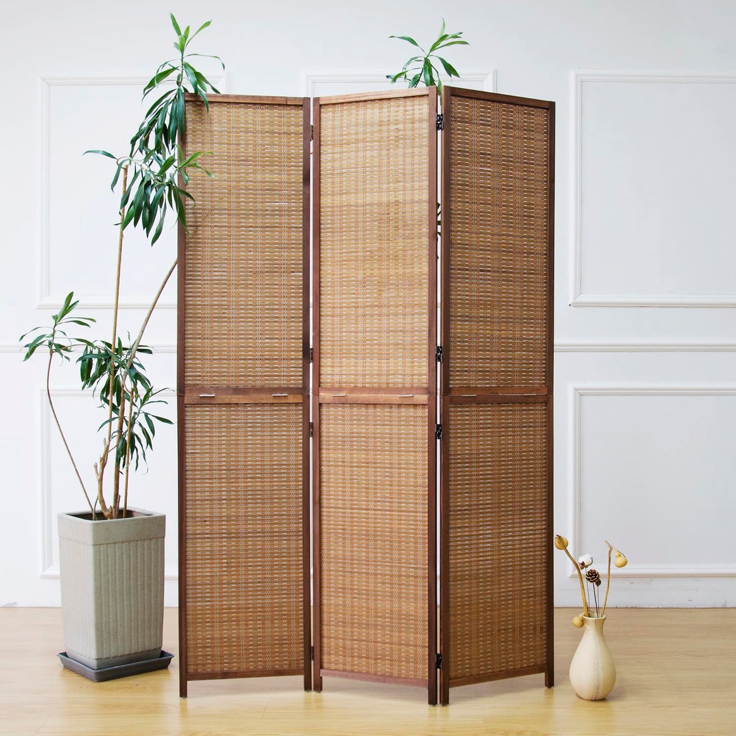 Furnnylane 3 Panel Detachable Room Divider, 5.6 ft Tall Two in One Bamboo Privacy Screen (Converts into 2 Low Dividers), Folding Panel Divider for Room Separation, Natural Brown (67" H x 46" W)