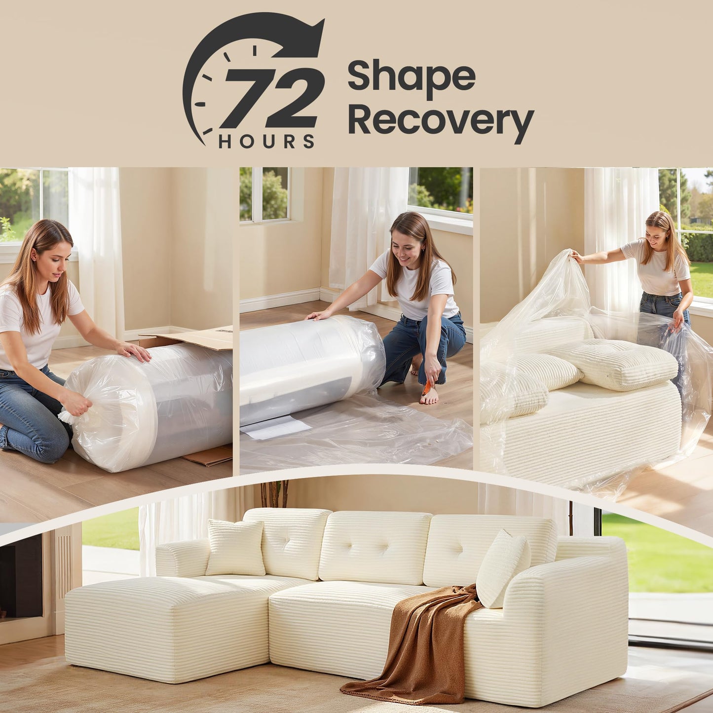 VASAGLE Boneless Couch, Modern Cloud Couch with Deep Seat, Corduroy Sofa for Living Room, Bedroom, Modular Sectional Sofa with Left-Facing Chaise, 108.3 Inches, Cloud White ULCS181WD01