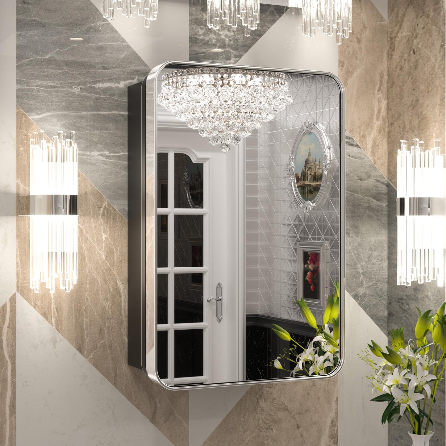 Keonjinn Chrome Medicine Cabinet Mirror 16 x 24 Inch, Recessed Medicine Cabinet for Bathroom, Elegant Stainless Steel Framed, Stepless Adjustable Shelves, in Wall or Surface Mount, Soft Closing