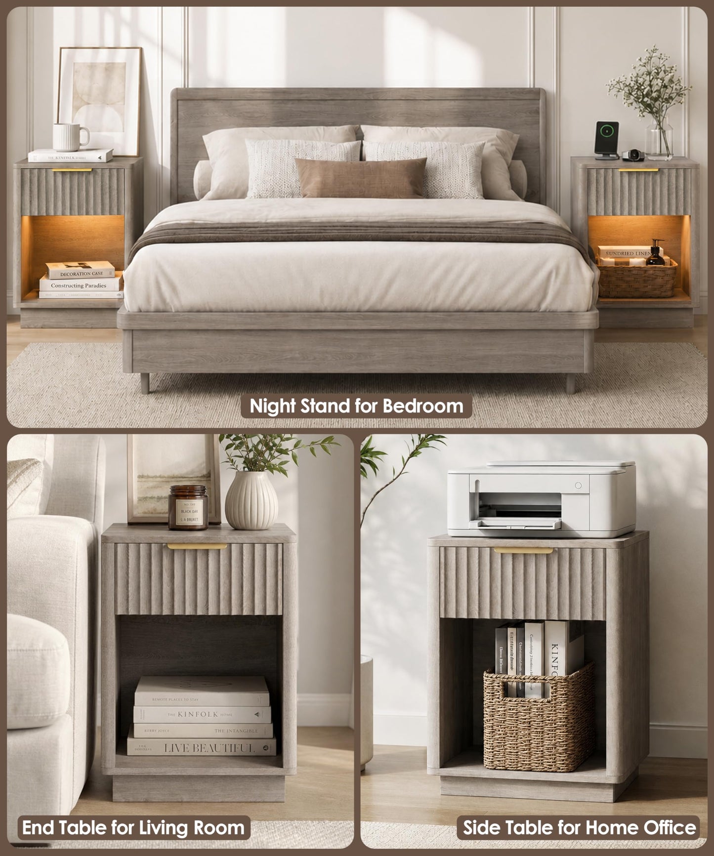 Akxomel Fluted Nightstands Set of 2, Wooden Night Stand with Charging Station and LED Light, Modern Mid Century Bed Side End Table with Drawer, 15" D x 15.7" W x 22.6" H, for Bedroom, Greige