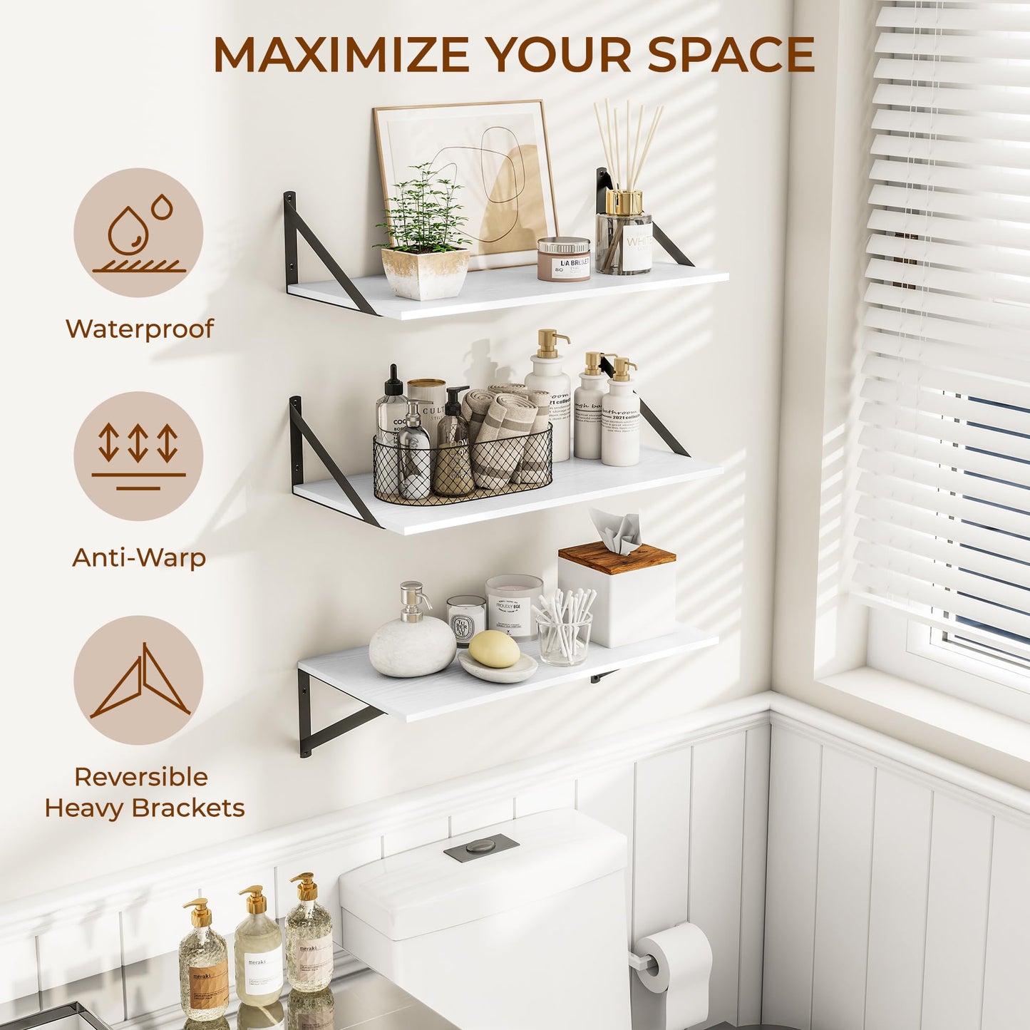 Heimlove 24" W x 12" D Wall Shelves for Books, 12 Inch Deep Floating Shelves Set of 3, Wide Floating Bookshelf with Metal Bracket for Living Room, Kitchen, Office, Bedroom and Decor Storage - White