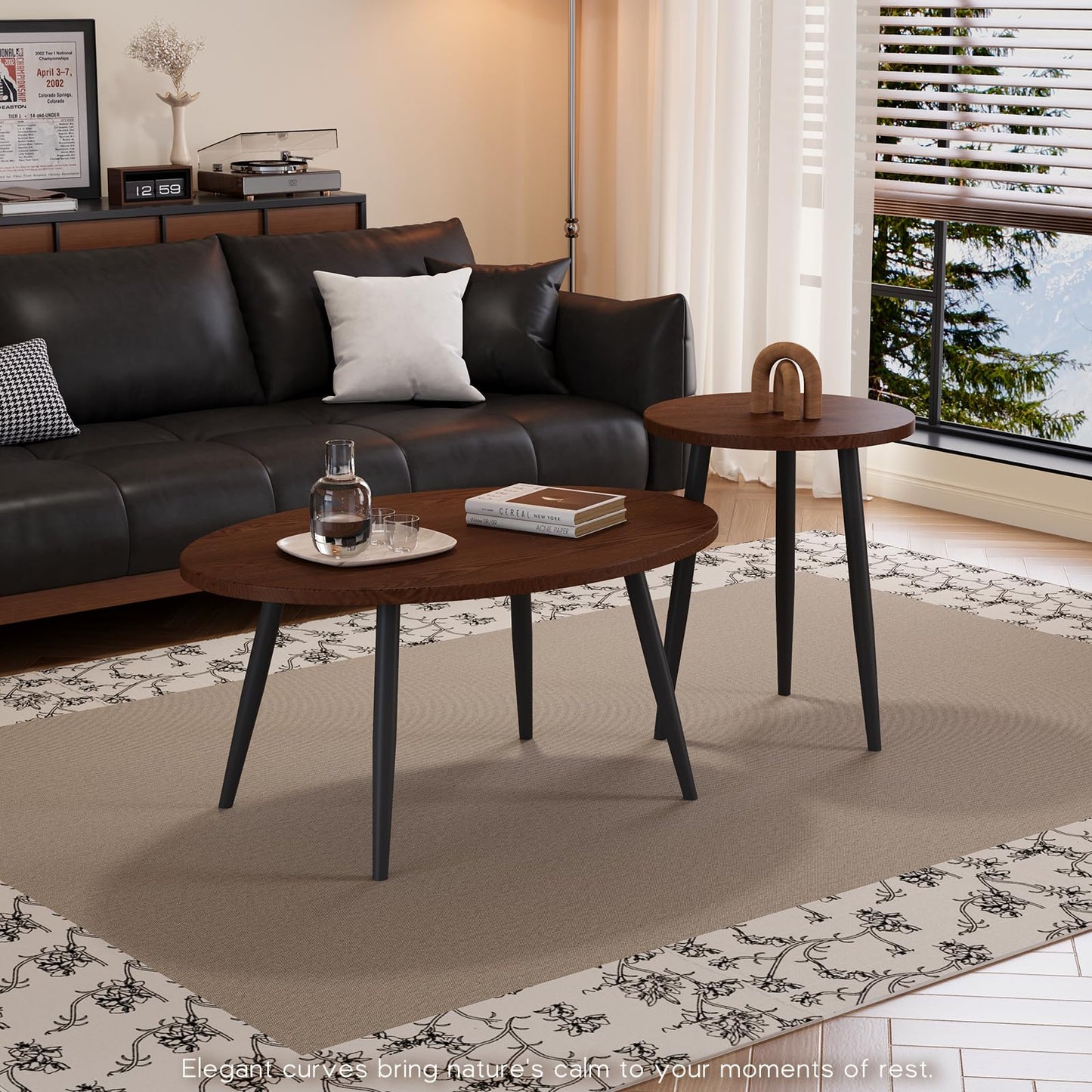 Semjar 2 Pcs Small Oval Coffee Table,31.5" Retro Walnut Coffee Tables Nesting Tables Set,Easy Assembly Mid Century Modern Coffee Tables for Living Room Office,Coffee Table and End Table Sets
