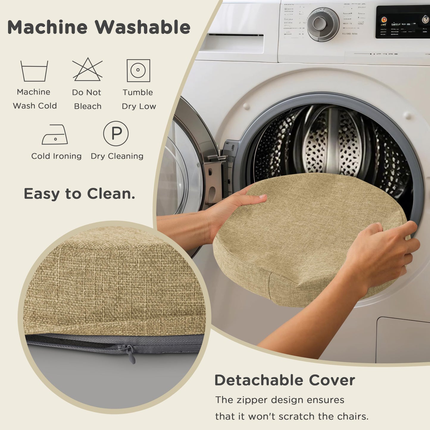 AddGrace 2.5" Thick Non Slip Round Chair Pad 1 Pack, 16" Round Chair Cushion with Machine-Washable Cover and Long Zipper, Seat Cushions for Kitchen, Office, Floor and 16" Ottoman, Beige