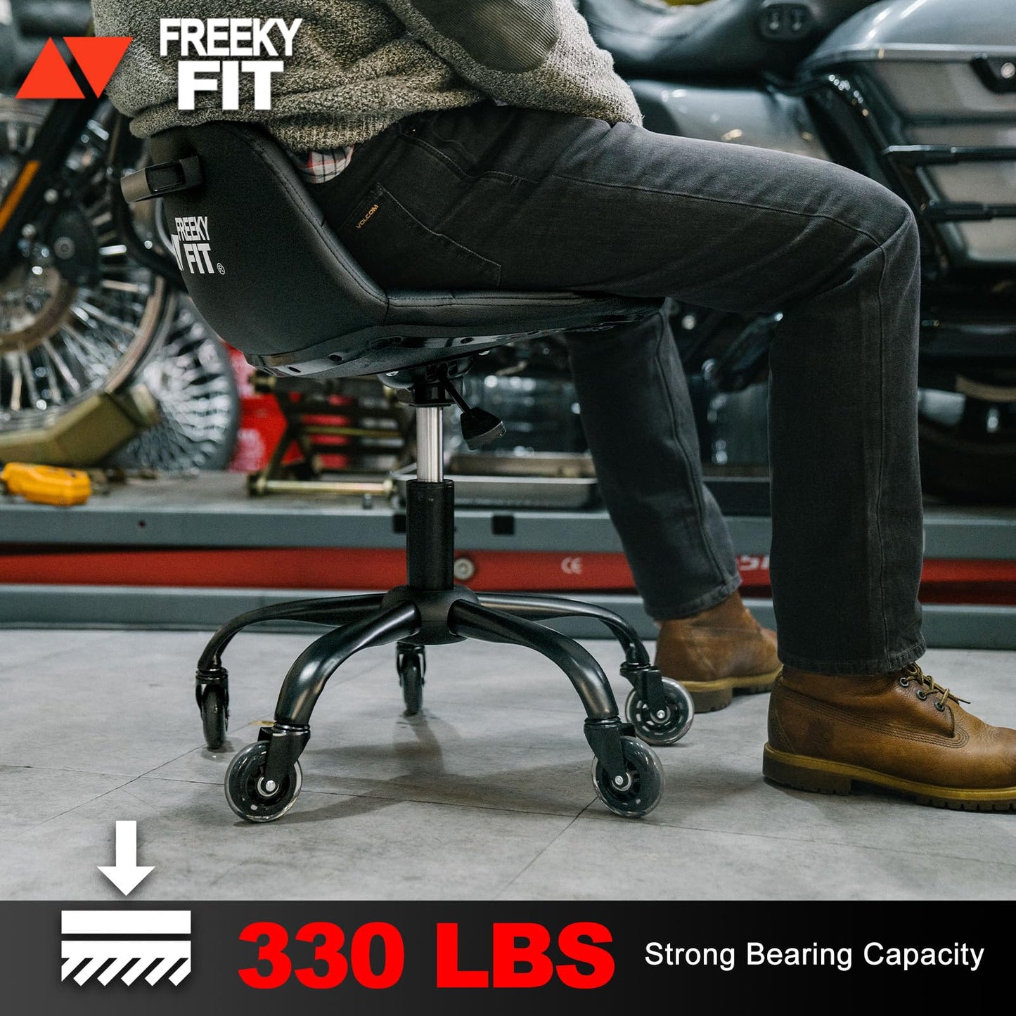 FreekyFit Rolling Shop Stool with Wheels, Rolling Short Stool with Back Support, 360° Swivel Garage Chair, Height Adjustable Chair 330lb Heavy Duty for Spa Salon Massage Home Office Tattoo (Black)
