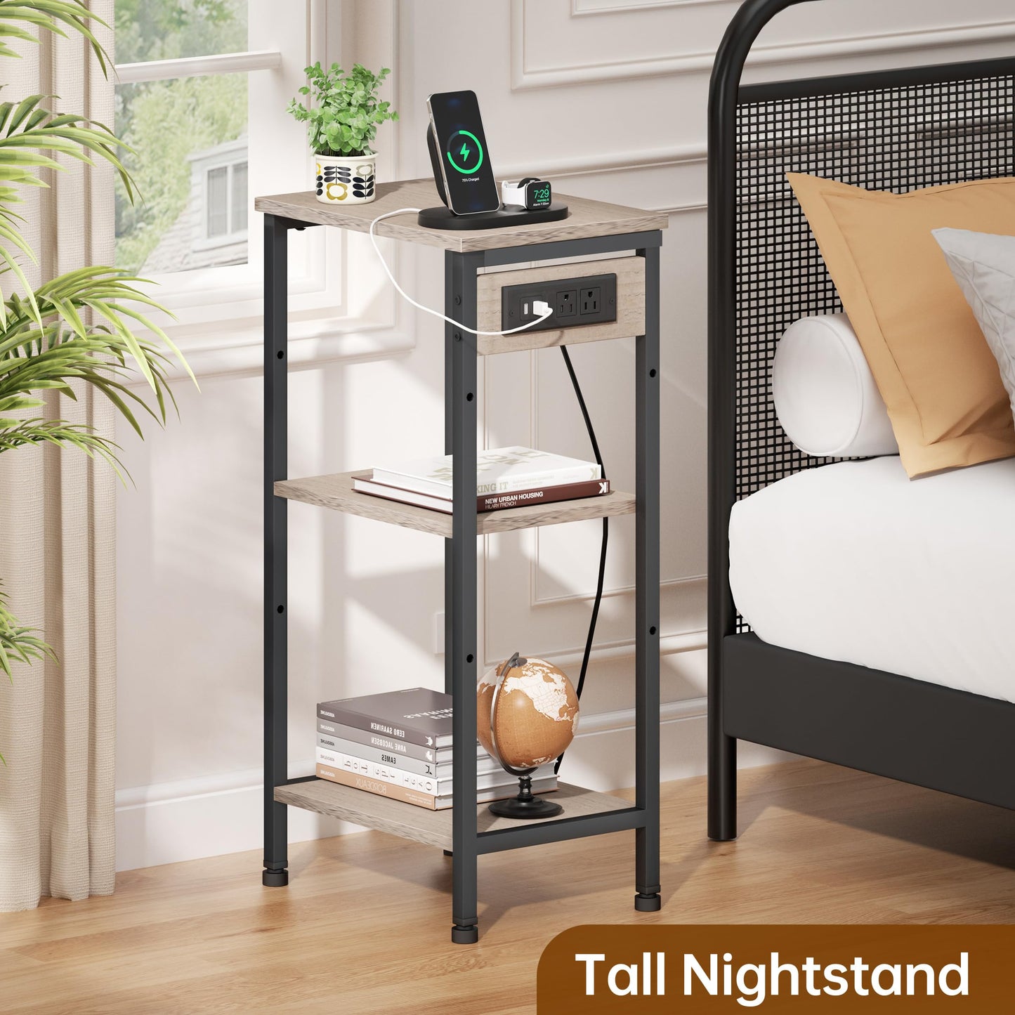 Asgolion Tall End Table with Charging Station, 3 Tier Narrow Beside Table with Adjustable Shelf, Tall Side Table Nightstand for Bedroom, Living Room Coffe Table, Office, Greige