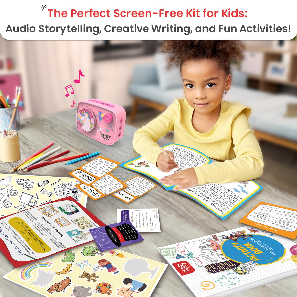 WonderBuddy Kids Story Box Audio Player, 500+ Preloaded Stories & Rhymes with Storybook DIY Art Kit, Voice Recorder, Content Upgrade, Bluetooth, Birthday Gift for Girls 3+ Years- Unicorn