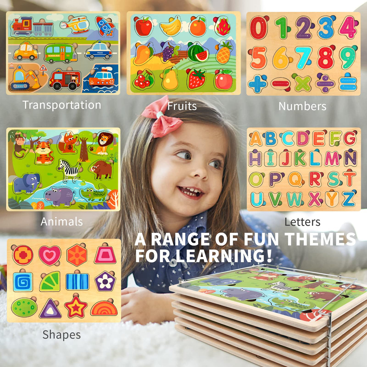 Wooden Puzzles for Toddlers with Storage Rack, WOOD CITY Toddler Puzzles Ages 3-6 for Kids, Learning Preschool Wood Puzzle for Boys and Girls-6 Pack Alphabet Number Shape Fruit Animal Vehicle