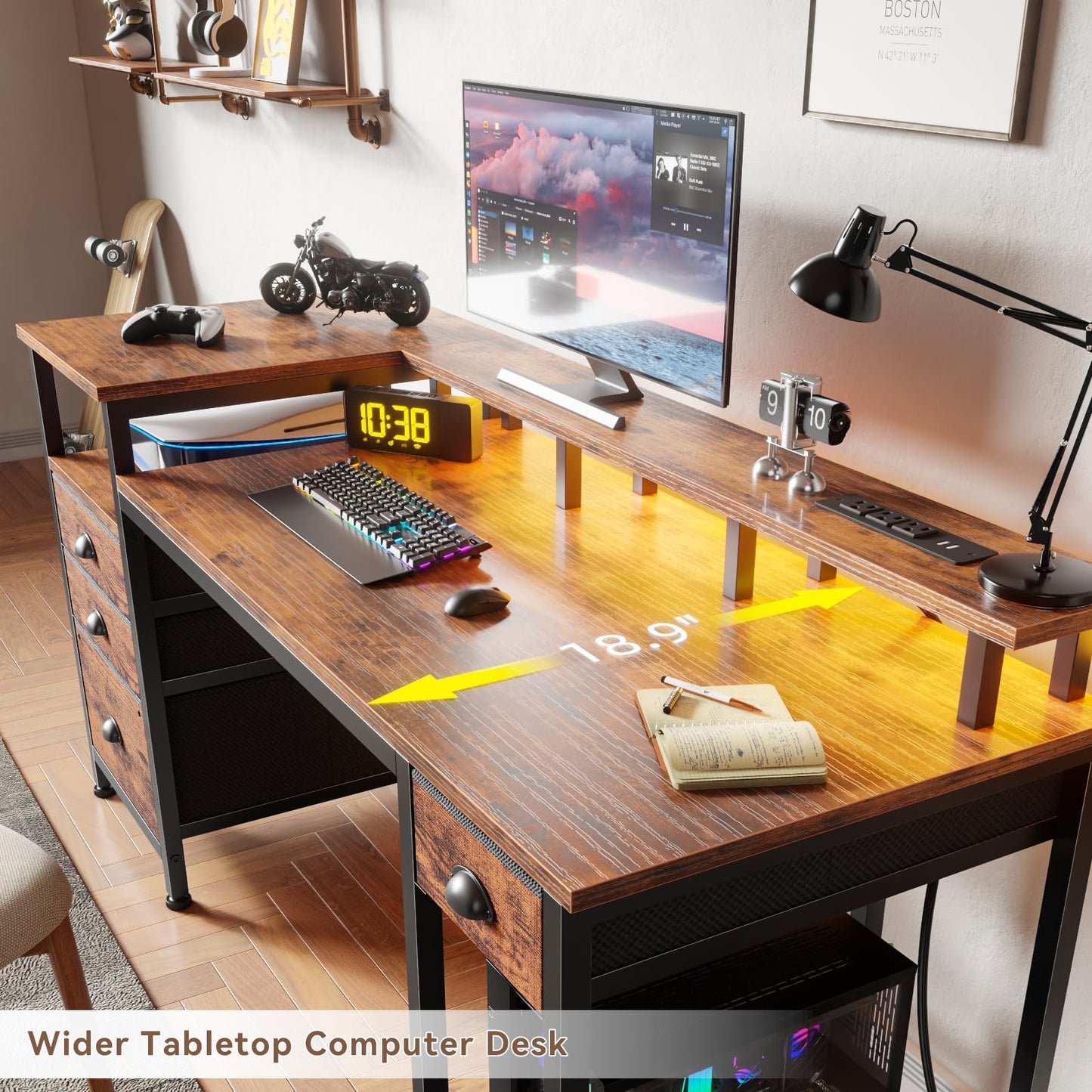 Furologee 60" Computer Desk with File Cabinet and Storage Shelves, Reversible Home Office Desk with LED Lights, Full Monitor Stand, Power Outlets, Study Gaming Table with 4 Drawers, Rustic Brown