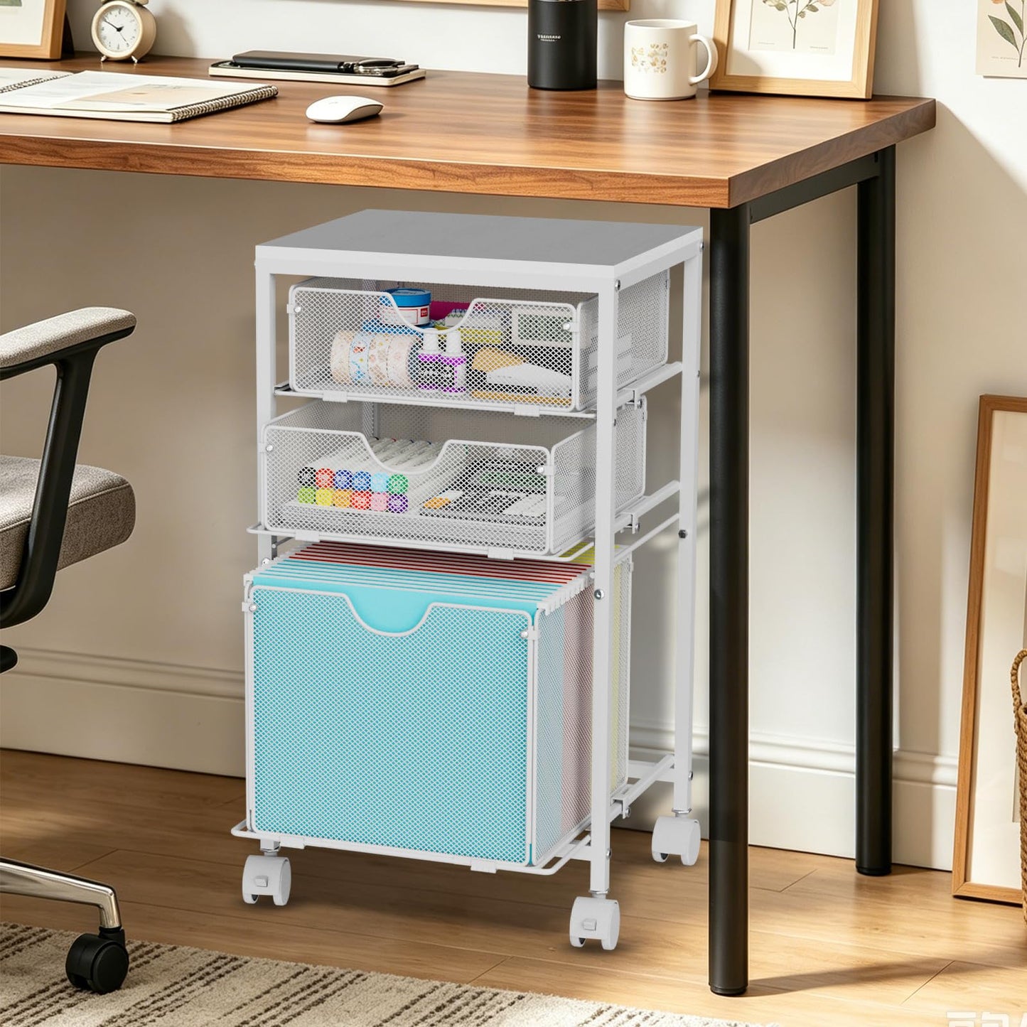 BOHDK Rolling File Cart with 3 Storage Drawers, Wood & Mesh Hanging File Folder Organizer with Wheels Under Desk, File Cabinets for Home Office, 11.81" D x 14.8" W x 25.39" H, White