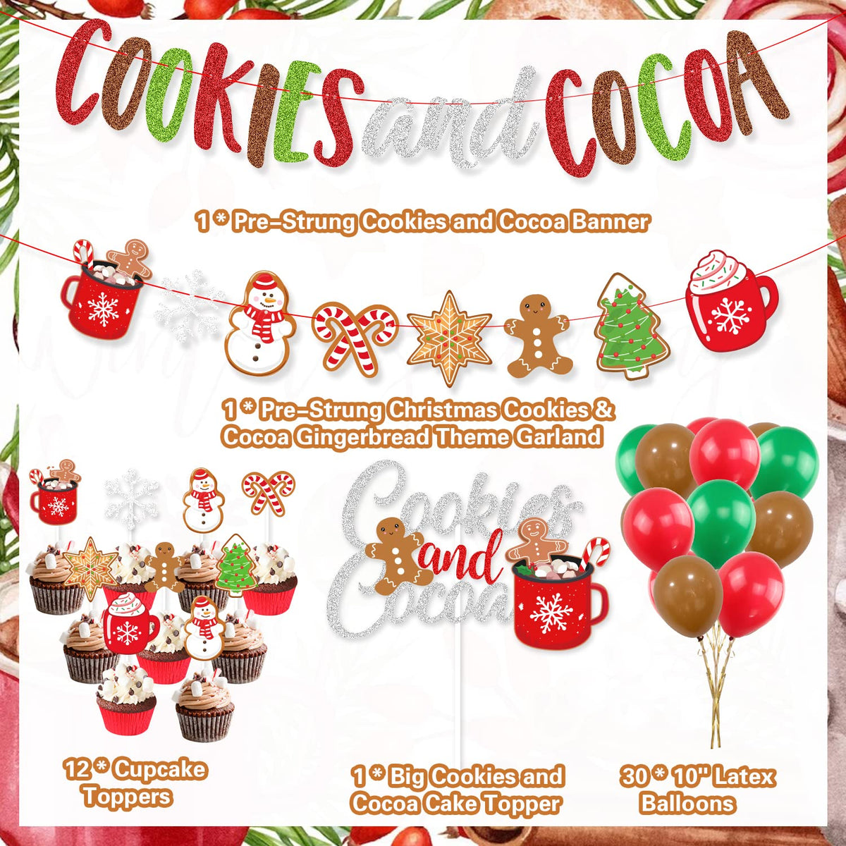 Cookies and Cocoa Party Decorations, Cookies and Cocoa Banner Snowflake Snowman Gingerbread Man Garland Cake Topper Balloons, Hot Cocoa Party Hot Chocolate Party Christmas Birthday Party Decorations