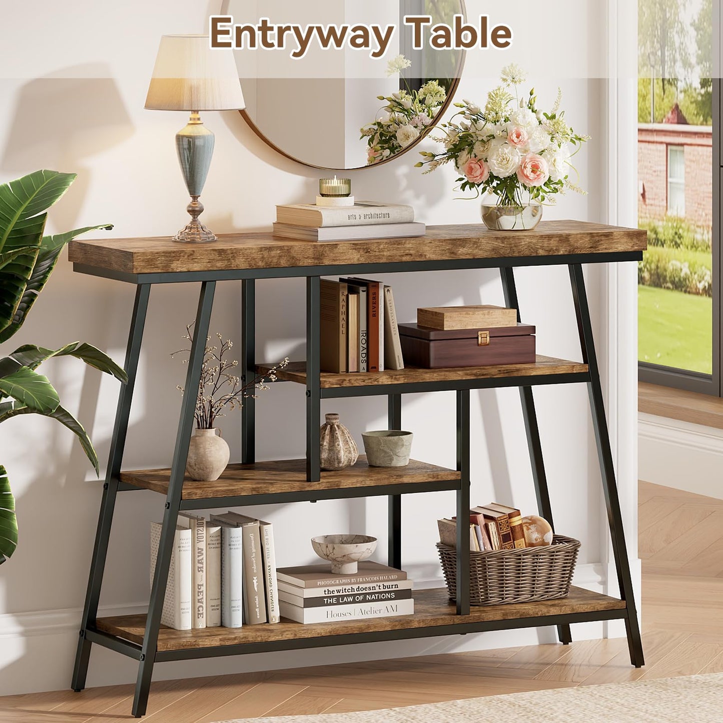 FJLHOHG 43.3" Console Table, Industrial 4-Tier Sofa Table Entryway Table with Arched Metal Frame, Storage Shelves, Narrow Wood Accent Tables with Small Spaces,Living Room,Hallway,Foyer, Rustic Brown