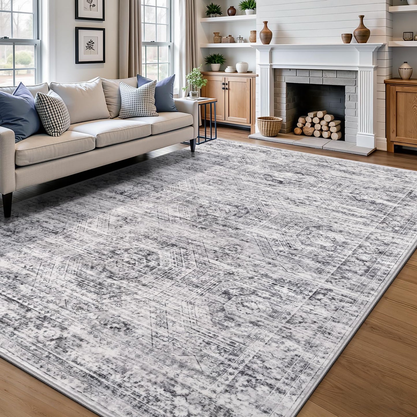 Suconsun 8' x 10' Area Rug, Washable Non-Slip Vintage Low-Pile Faux Wool Carpet, Soft Pet Friendly Farmhouse Rug for Living Room Bedroom Dining Room, Grey