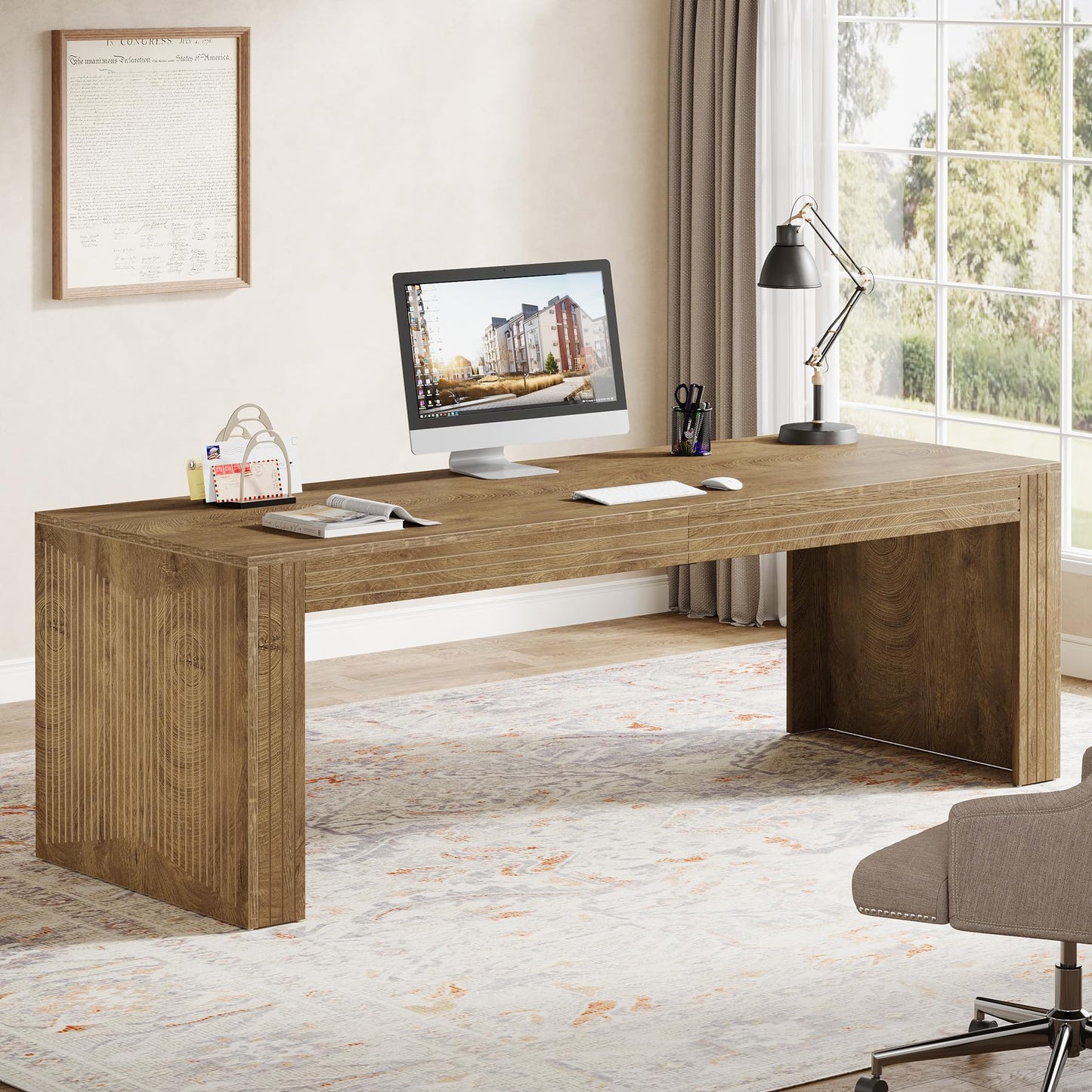 Tribesigns 79-Inch Extra Long Desk, Two Person Double Desk for Home Office, Wooden Long Computer Desk Writing Table for Office, Natural Oak