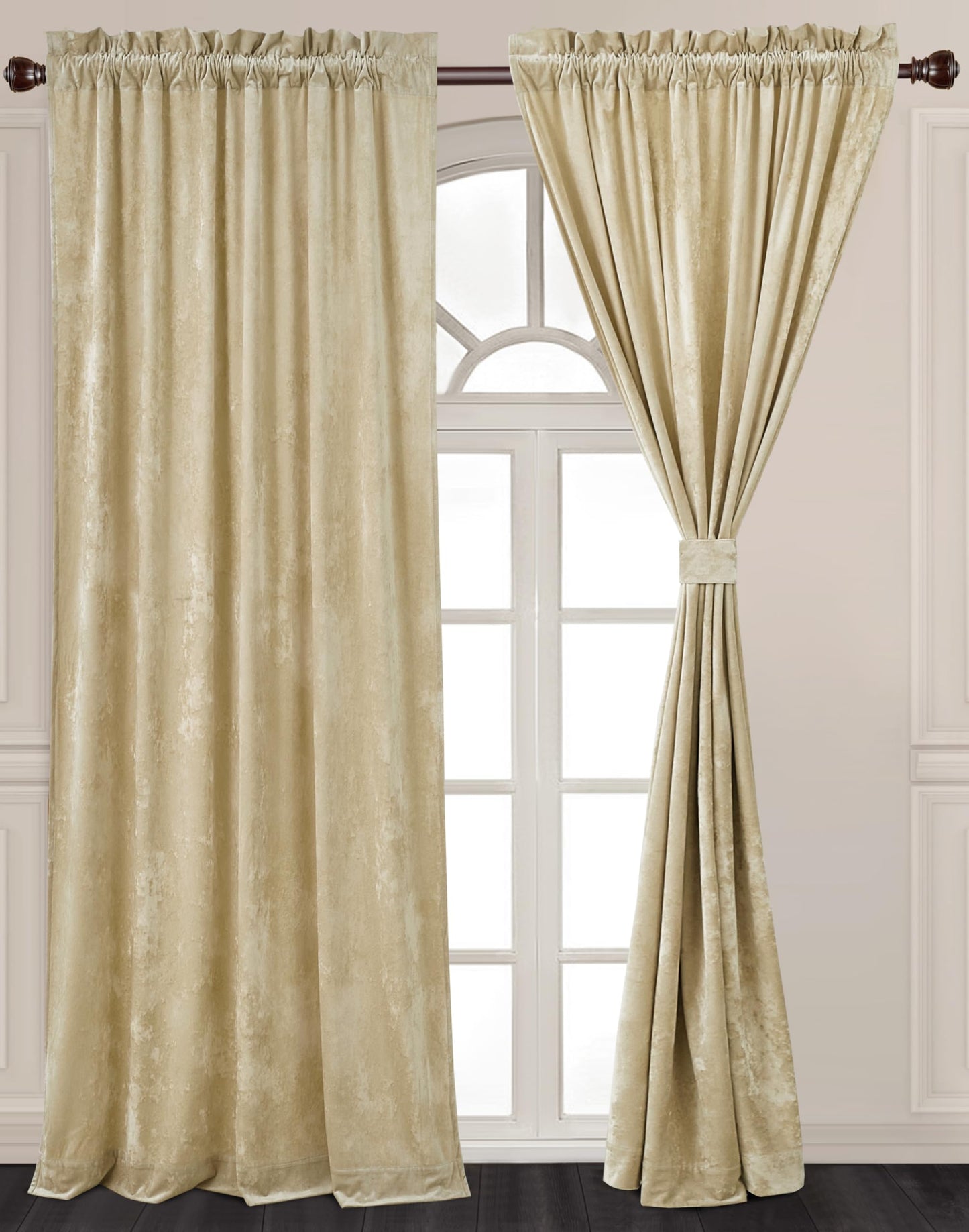 Chezmoi Collection Lux Beige Crushed Velvet Curtains 2 Panel Set - 72 inches Long Room Darkening Luxury Distressed Velvet Rod Pocket Window Drapes for Living Room Bedroom 50" W x 72" L
