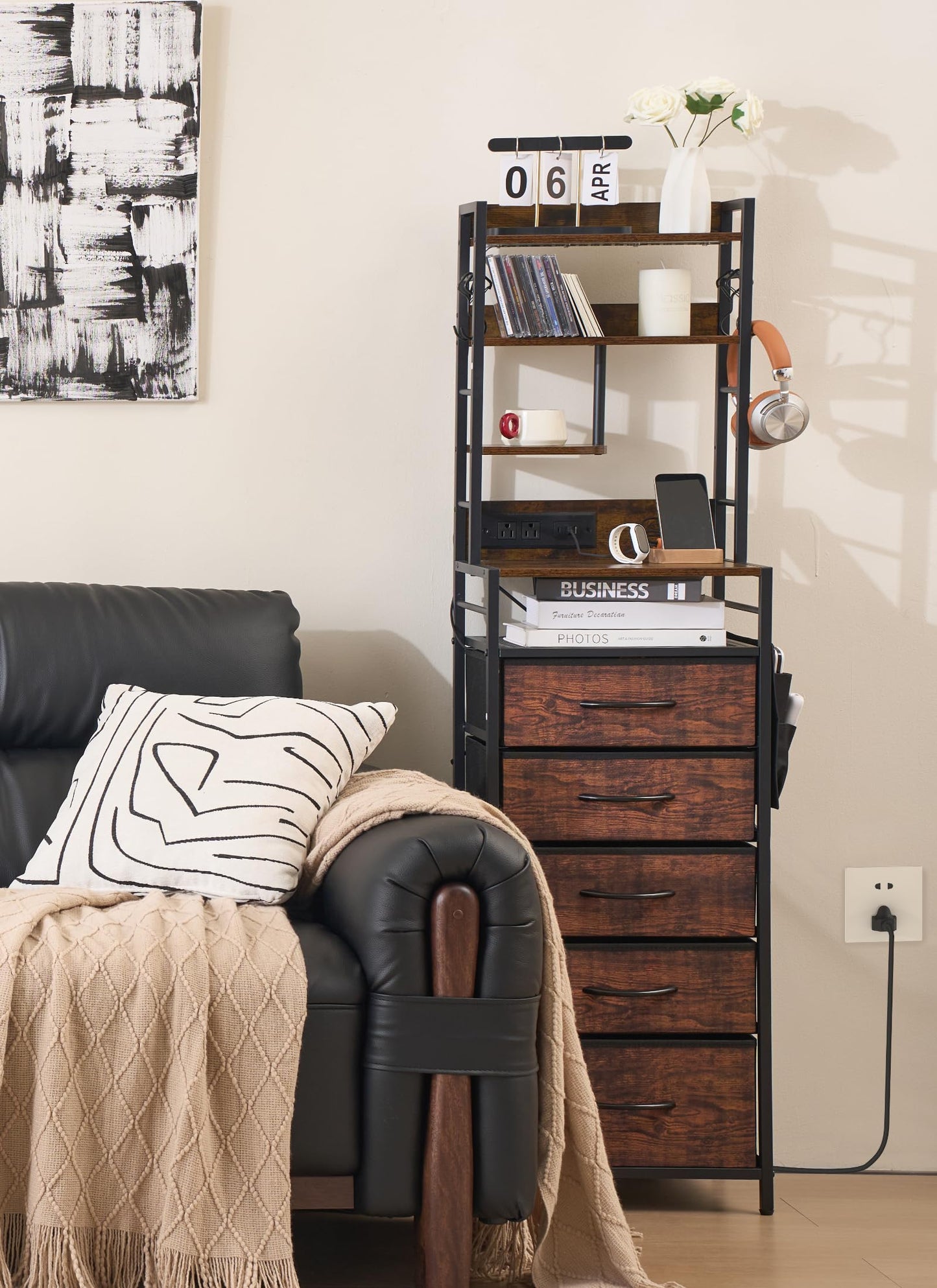Baoz 57" Tall Nightstand Set of 2 with Charing Station & 5 Drawers, Brown