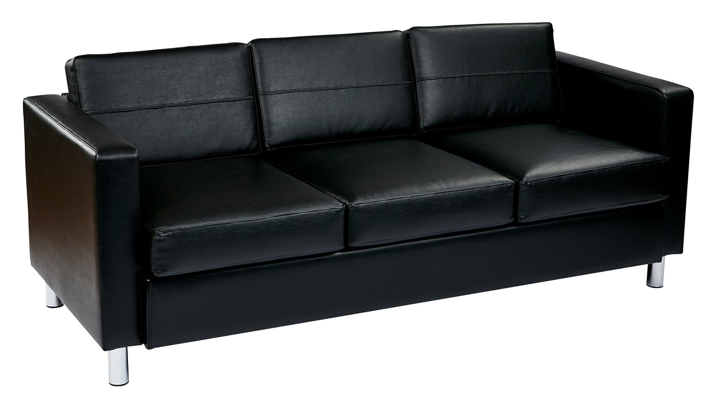 OSP Home Furnishings Pacific Sofa with Padded Box Spring Seats and Silver Finish Legs, Black Vinyl