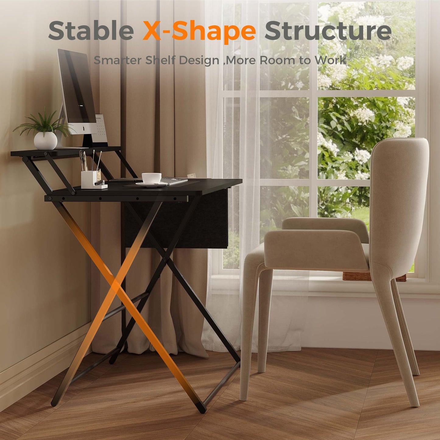 Small Desk No Assembly,31.5Inch 2-Tier Compact Computer Desk with Shelf & Side Pocket,Space Saving Foldable Table for Home Office, Bedroom or Apartment,Portable Collapsible Sturdy Laptop Desk,Black