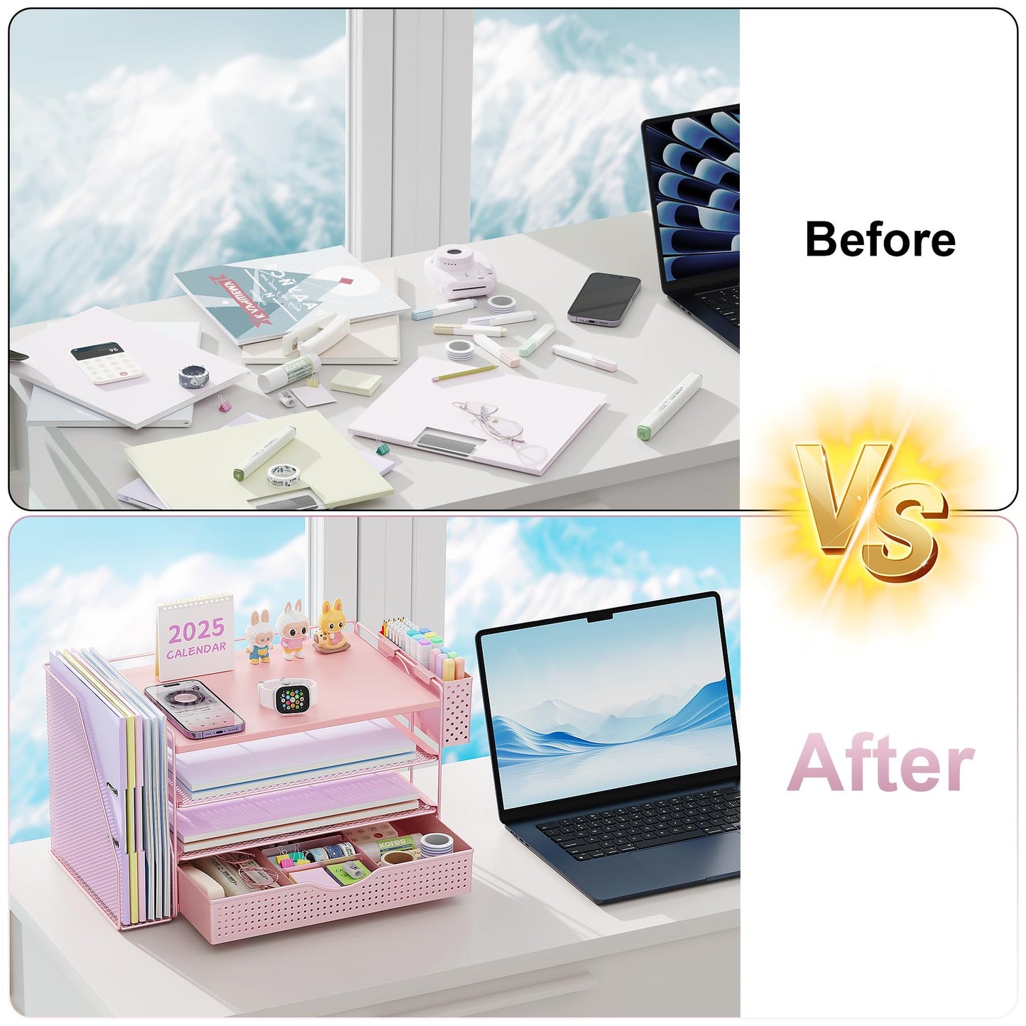 gianotter Wood Desk Organizers and Accessories with File Holder, 4-Tier Desk Accessories & Workspace Organizers with Drawer and Pen Holder, Desk Reference Organizer (Pink, 4T with Drawer)