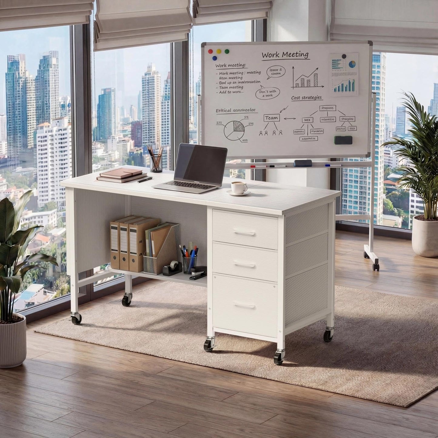 WINAZ Rolling Teacher Desk with File Drawers - 47 Inch Mobile Computer Desk with Privacy Panels & 3 Storage Drawers on Wheels, White Office Desks Workstation for Classroom & Home Office