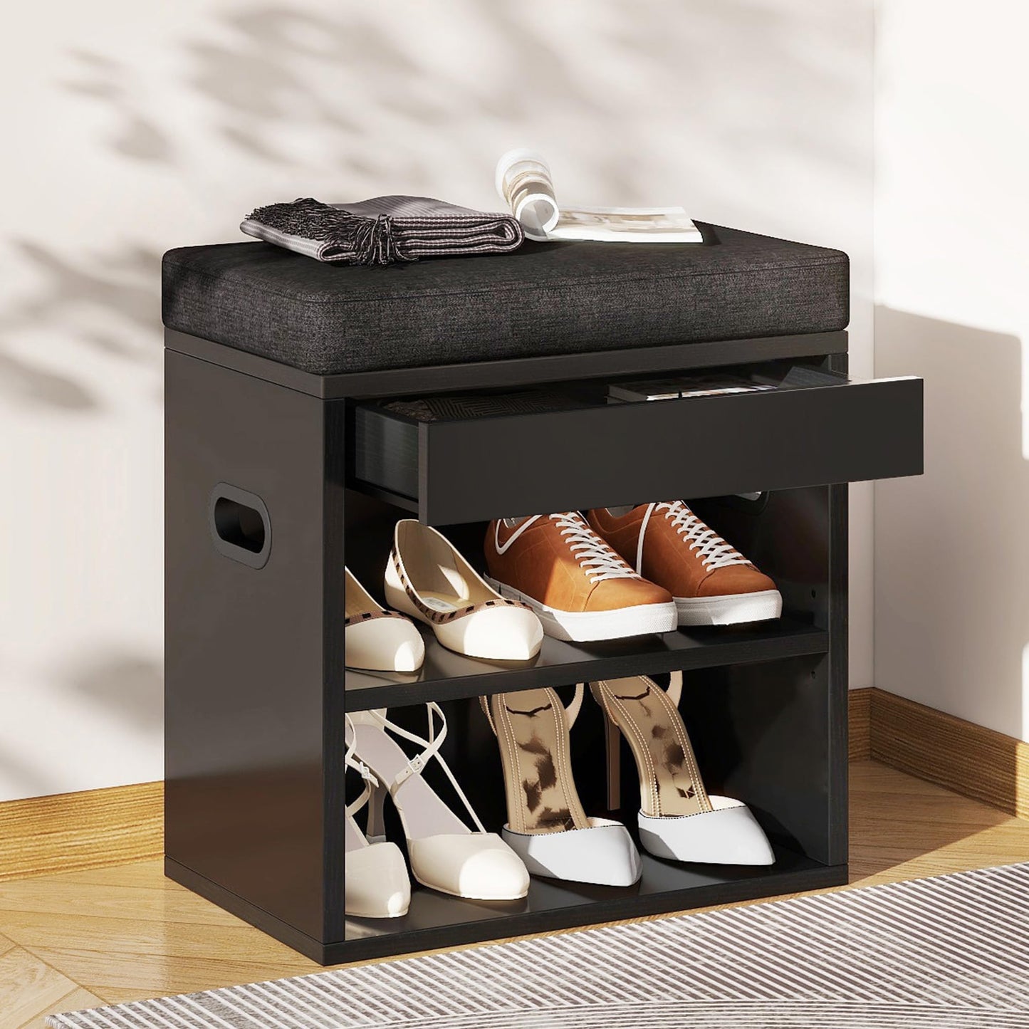 YMYNY Small Shoe Storage Bench with Cushion and Drawer, 2 Tier Adjustable Entryway Bench with Storage, Wooden Shoe Rack Bench for Entryway, Living Room, Hallway, Closet, Bedroom, Black, HSC002B