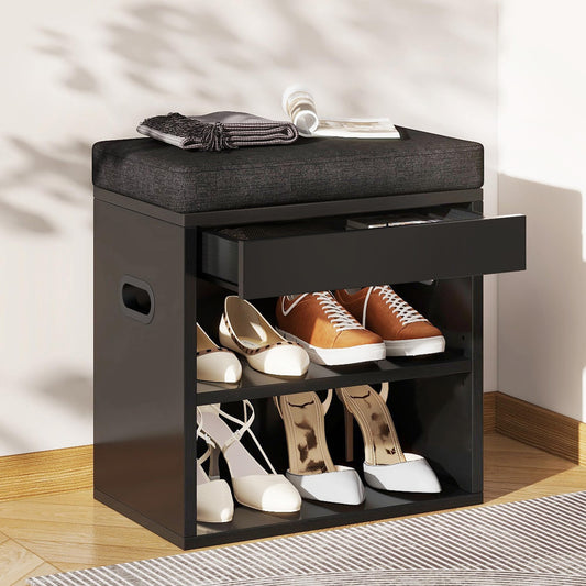 YMYNY Small Shoe Storage Bench with Cushion and Drawer, 2 Tier Adjustable Entryway Bench with Storage, Wooden Shoe Rack Bench for Entryway, Living Room, Hallway, Closet, Bedroom, Black, HSC002B