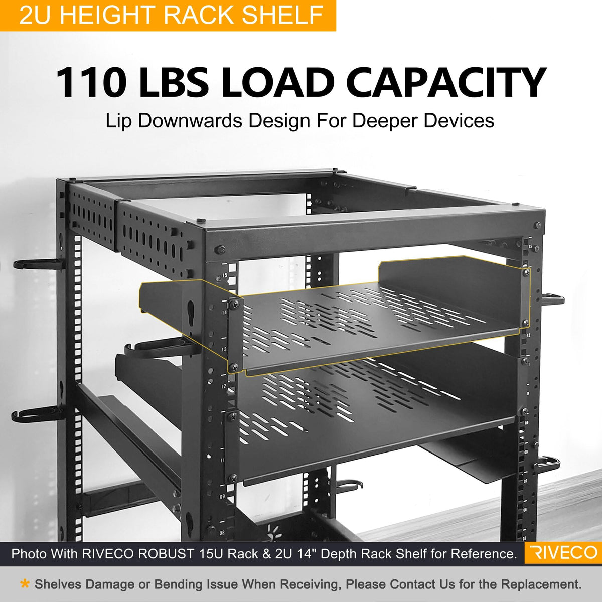 RIVECO 19” 2U Rack Shelf Server Cabinet Mount Vented Cantilever Tray for Network Equipment, 14 Inches 35 CM Depth, Black