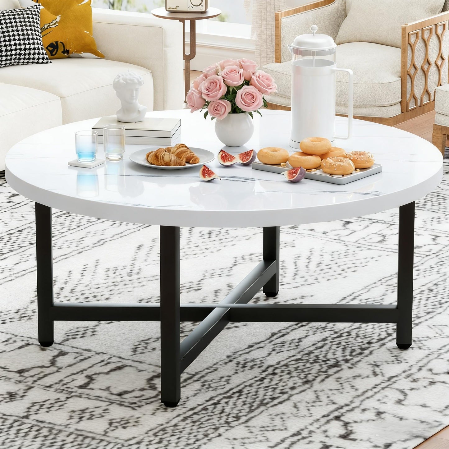 FURMORENE Coffee Table, 31.5" Large Coffee Tables, White Round Coffee Tables for Living Room, Floor Table for Sitting on The Floor, Center Coffee Table with Metal Frame for Office Apartment Home
