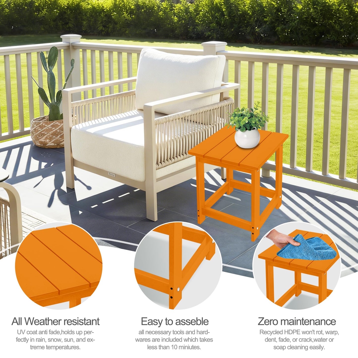 LZRS Square Patio Side Table, Heavy Duty HDPE Outdoor End Table with Wood Texture, Weatherproof Composite Table for Adirondack Chairs, Deck, Pool, Indoor/Outdoor, No Peeling or Cracking(Orange)