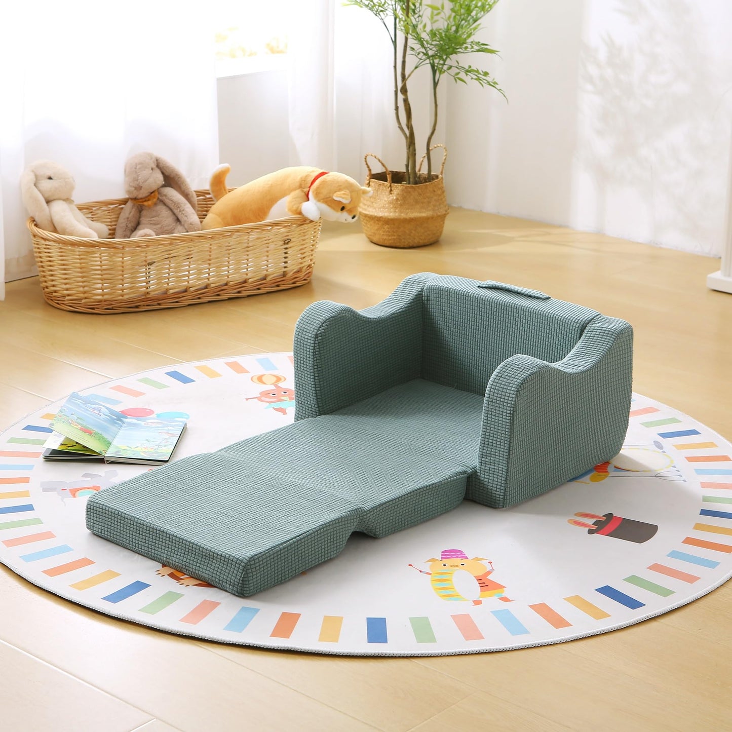 Toddler Couch 2-in-1 Flip Open Waffle Weave Kids Sofa, Forest Green