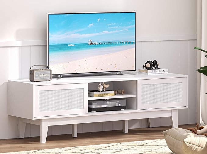 Xixini Boho TV Stand for 55 65 Inch TV, Rattan Entertainment Center