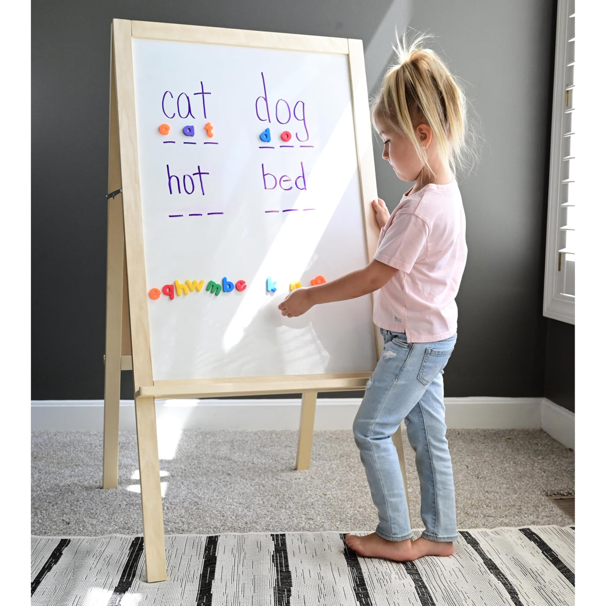 4-in-1 Wooden STEM Learning Easel – Magnetic, Write-and-Wipe & Flannel Board for Early Math, Geometry & Interactive Classroom Activities