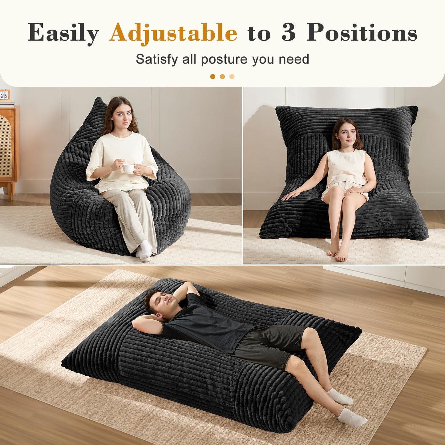 3-in-1 Giant Bean Bag Chair for Adults & Kid, Convertible Floor Sofa to Mattress, High-Density Foam Chair Bed with Washable Cover, Multi Functional Lounge Couch for Bedroom, Living Room (Black)