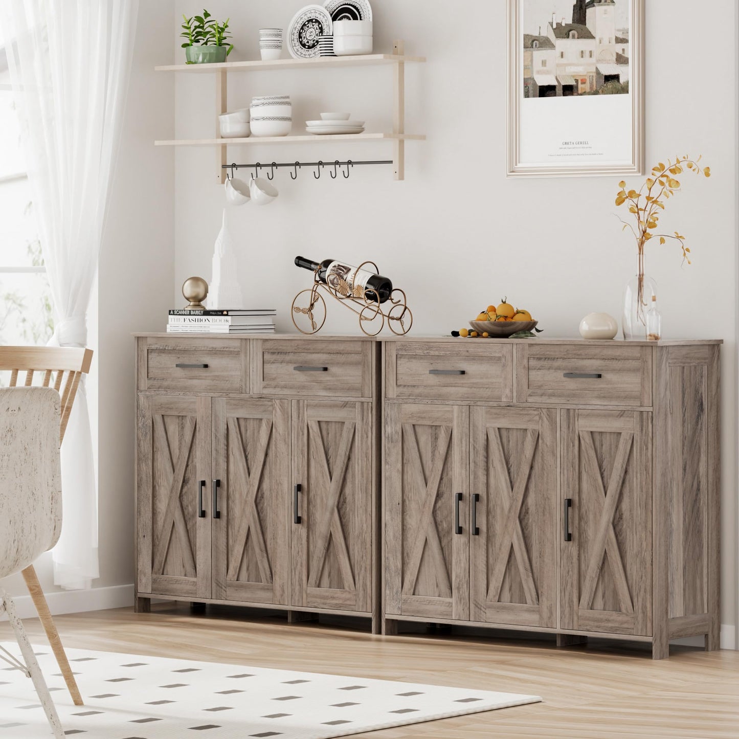 Homhedy Sideboard Buffet Cabinet, Coffee Bar Storage Cabinet with Drawers and Doors, Farmhouse Kitchen Cabinet with Adjustable Shelves, for Kitchen, Dining Room, Living Room, Greige