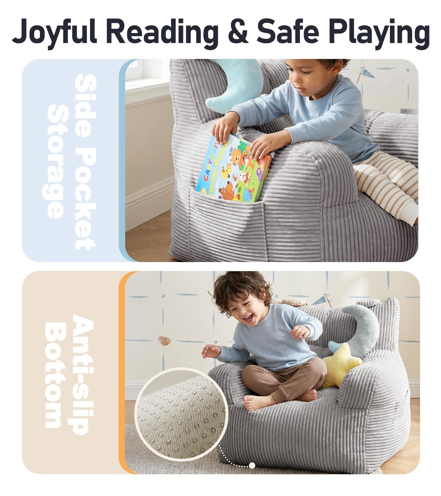 little dove Bean Bag Chairs for Kids, Comfy Bean Bag Chair with 2 Plush Toys, Toddler Chair with Pocket, Stuffed Lazy Sofa with Filler for Boys and Girls, Kids Chairs for Gaming, Reading, Grey