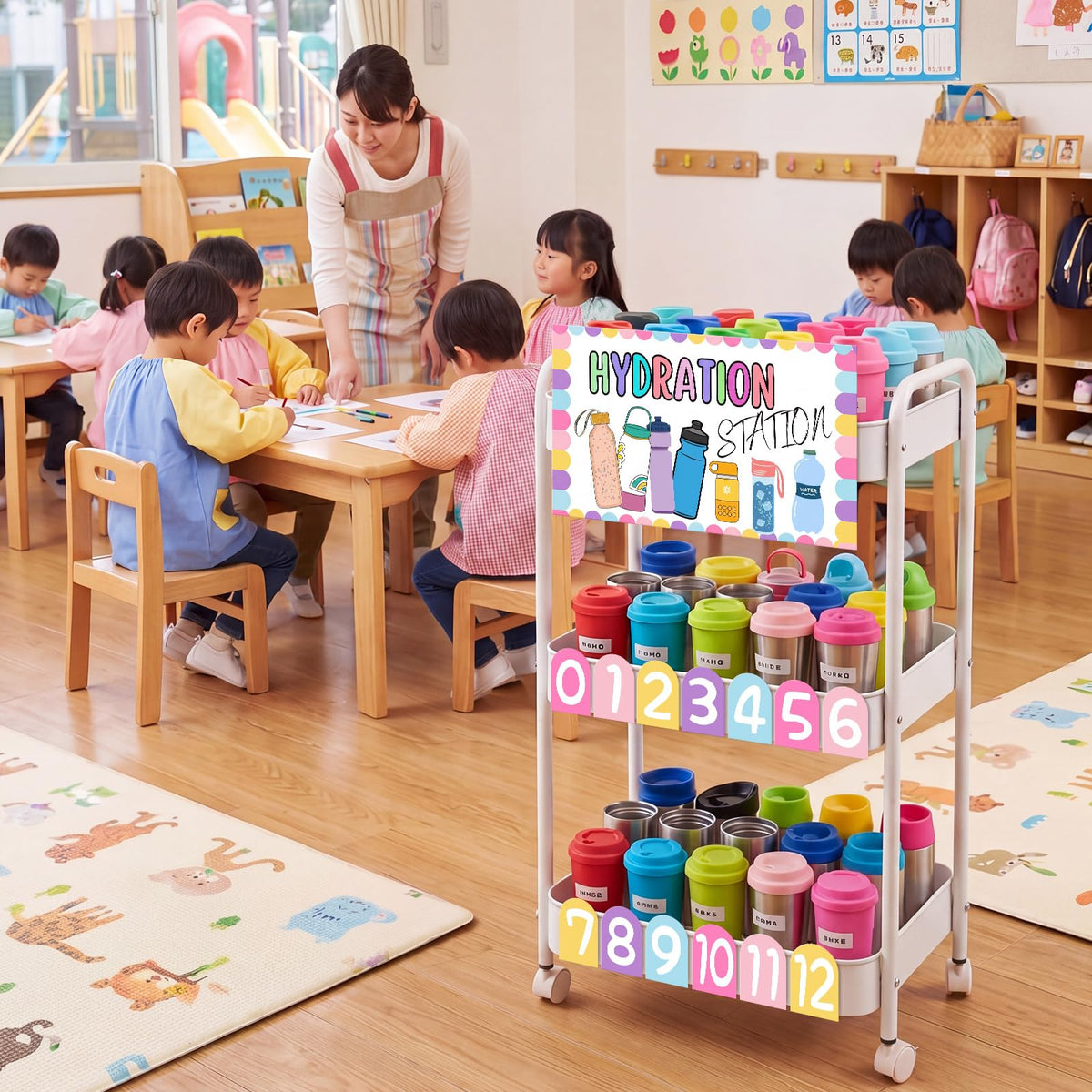 Sieral Hydration Station Classroom Storage Trolley 3-tier Plastic Rolling Water Bottles Storage Car with Handle Hydration Station Sign Stickers Set for Classroom Office Water Bottle Organizer Supplies