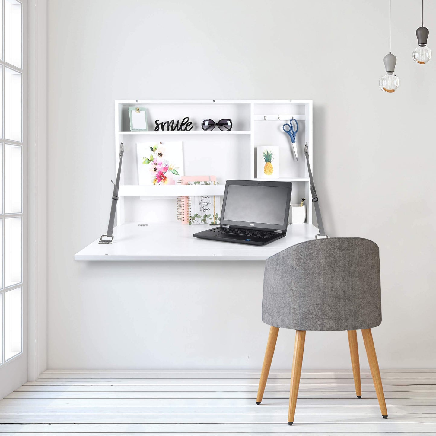 Prinz Work from Home Wall-Mounted Desk, White Folding Desk with Chalkboard Front, Space-Saving Floating Desk Design, Ready to Hang, Interior Shelves, 36 x 24 x 5 Inches, White