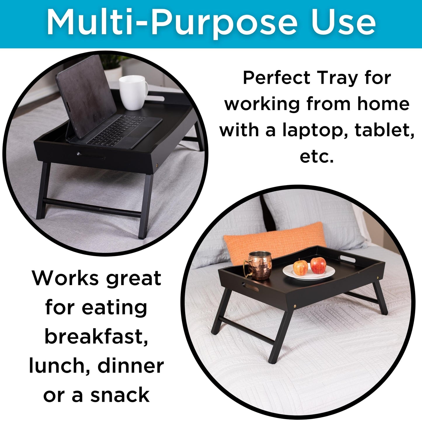 BIRDROCK HOME Wood Bed Tray for Eating, Folding Lap Desk with Handles, Black