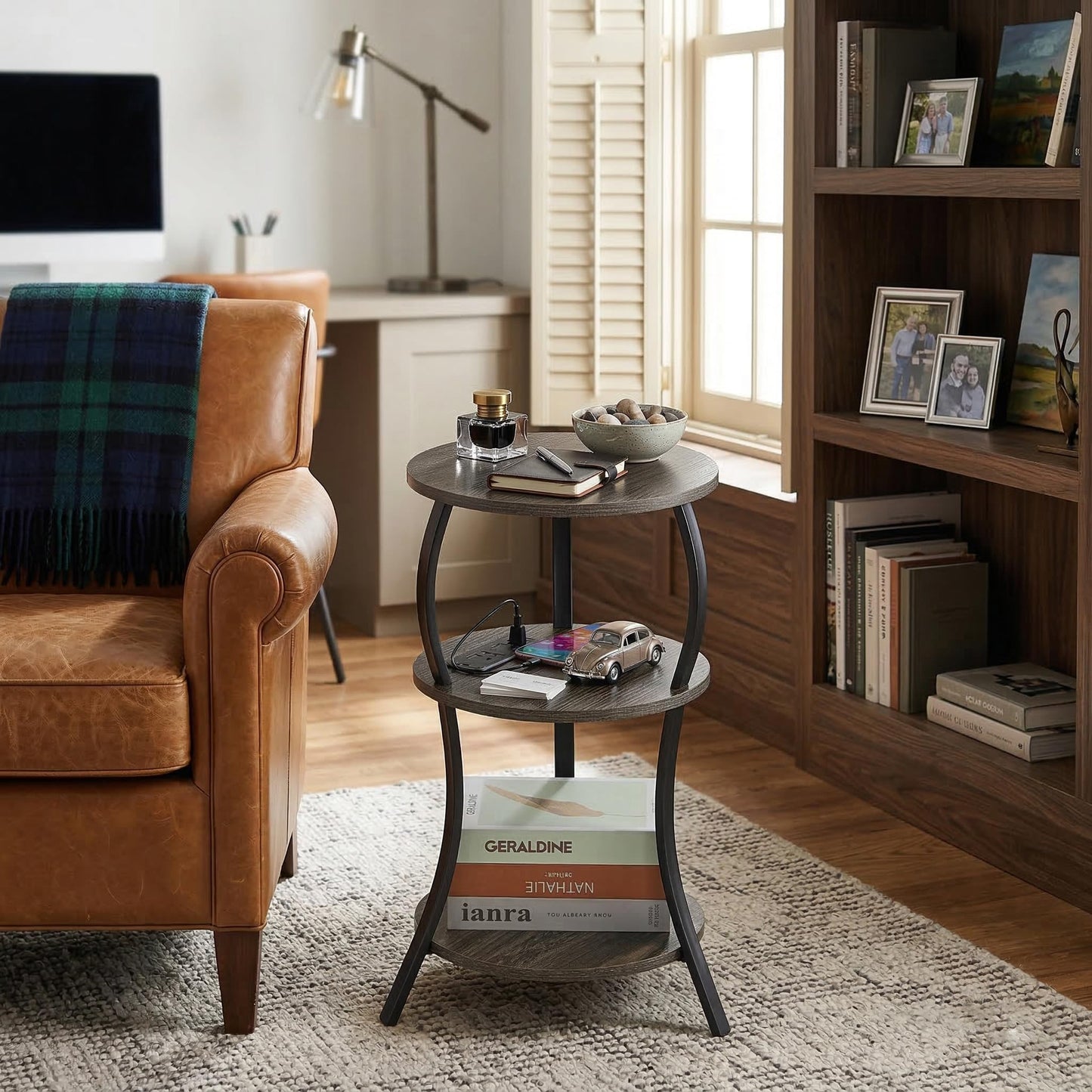 Small Round Side Table with Charging Station, 3-Tier Waist Circular End Table with Storage Shelf, Compact Tea Sofa Side Table Small Spaces, Round Corner Coffee Table for Living Room Bedroon,Grey
