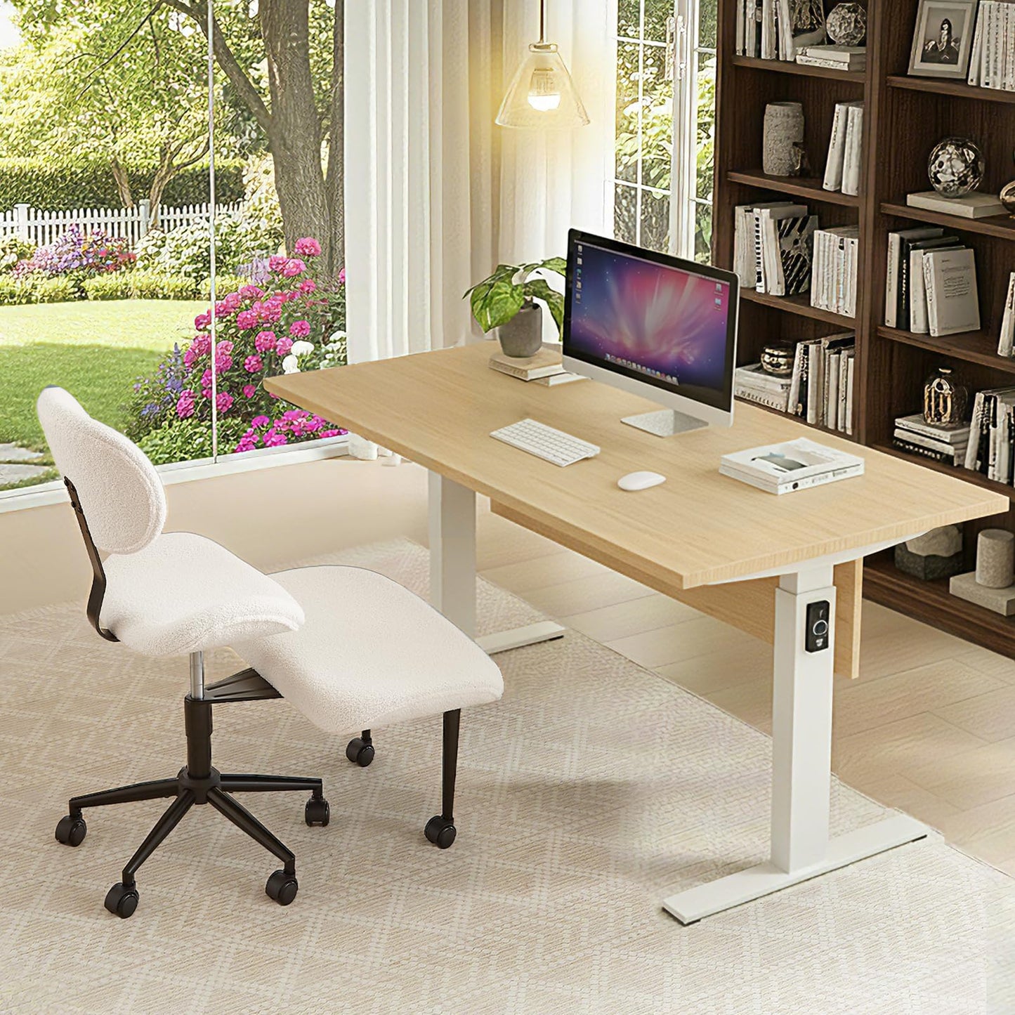 Cross Legged Office Chair with Wheels for ADHD, Ergonomic 360° Swivel Height-Adjustable Meditation Chair for Yoga, Wide Kneeling Chair with Strong Lumbar Support, Teddy Fabric, Off White